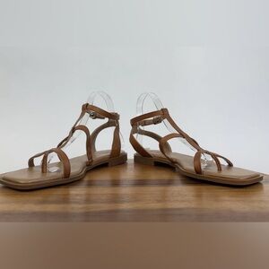 Nordstrom Brown T-Strap Leather Flat Sandals
